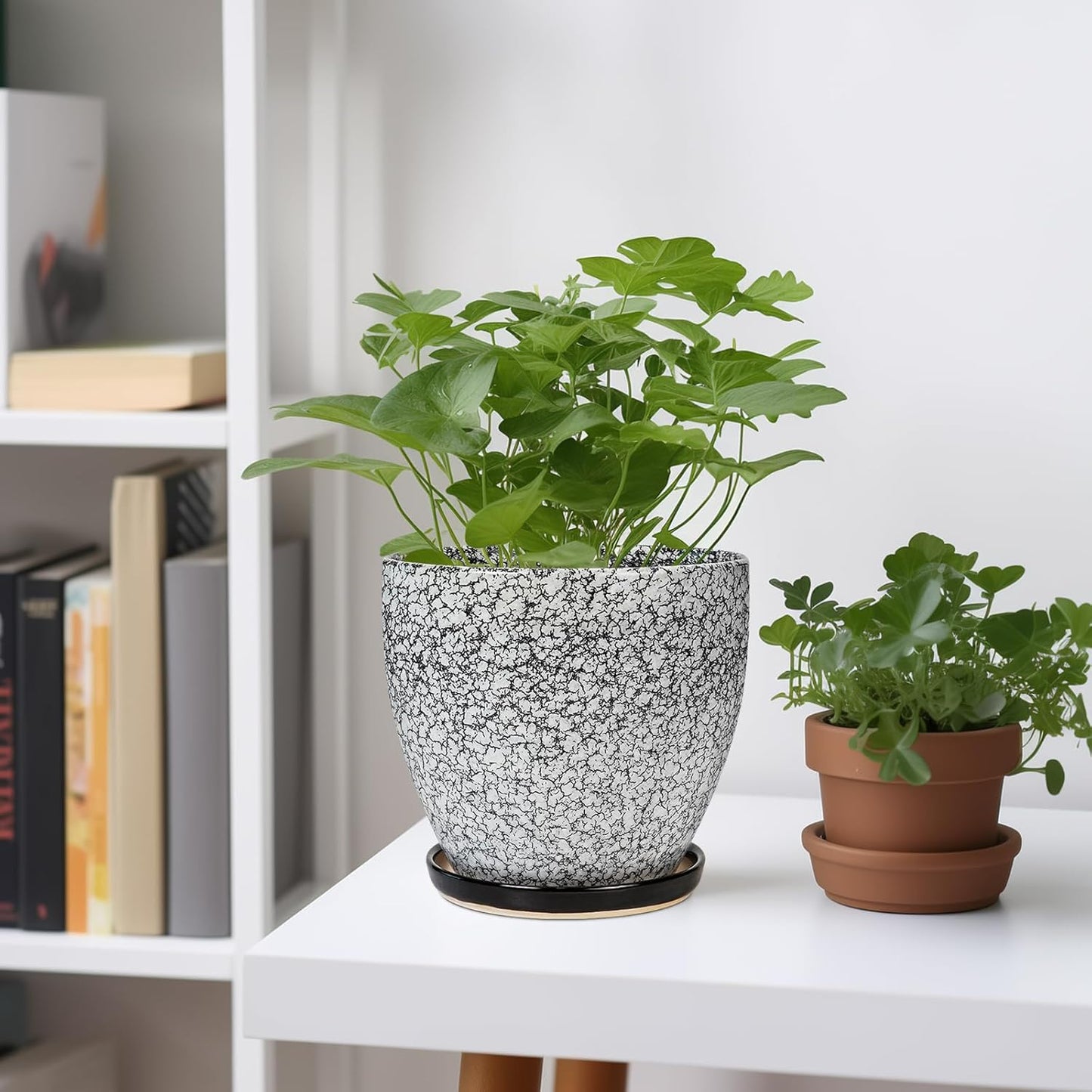 10 Inch Ceramic Planter Pot Round Plant Pot for Indoor Plants Outdoor Large Flower Pot with Drainage Hole and Saucer Blue