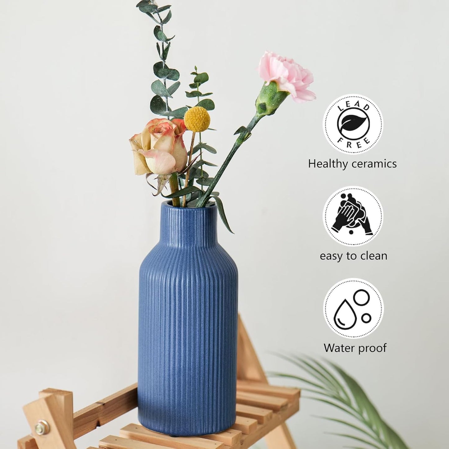 Bohemian White Ceramic Vase - for Pampas Grass, Mantel, Bookshelf, Entryway and Living Room Decor (White, 7in)