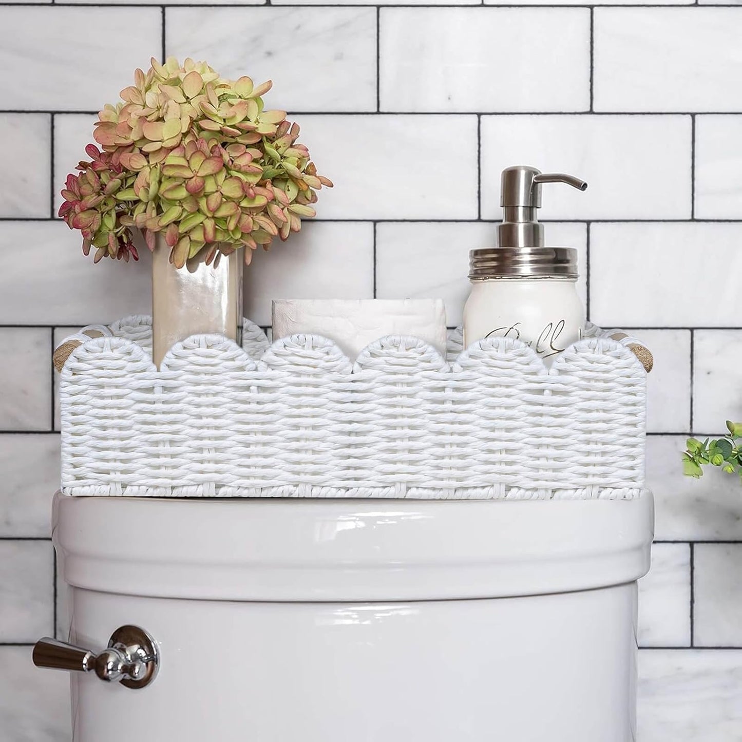 CubesLand Paper Rope Scalloped Edge Toilet Paper Storage Basket, Small Living Room, Bedroom Decor Baskets for Over Toilet Storage Shelf, End Table, Shelves and More, with 2 Wooden Handle, Neutral