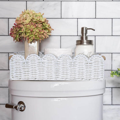 CubesLand Paper Rope Scalloped Edge Toilet Paper Storage Basket, Small Living Room, Bedroom Decor Baskets for Over Toilet Storage Shelf, End Table, Shelves and More, with 2 Wooden Handle, Neutral