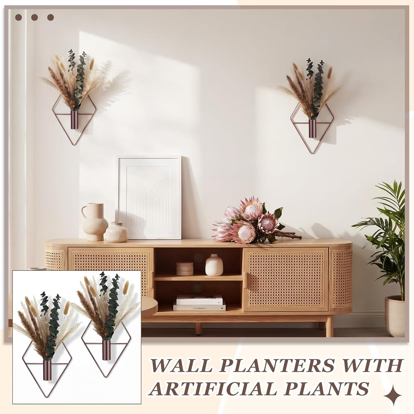 Jexine 4 Pcs Hanging Planters with Artificial Eucalyptus Metal Hanging Vase Indoor Plants Holder Modern Geometric Boho Bathroom Wall Decor for Living Room Home Office(Black)