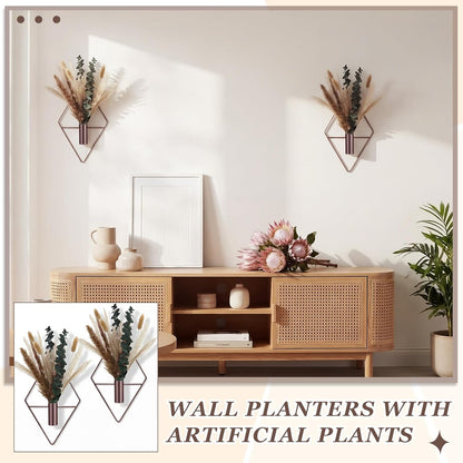 Jexine 4 Pcs Hanging Planters with Artificial Eucalyptus Metal Hanging Vase Indoor Plants Holder Modern Geometric Boho Bathroom Wall Decor for Living Room Home Office(Black)
