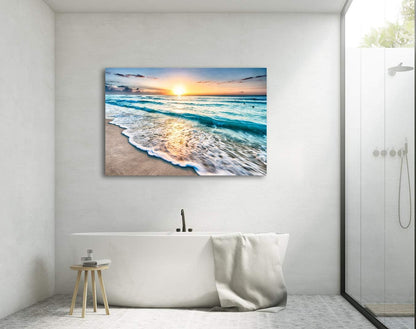 Baisuart S02250 Canvas Prints Wall Art Beach Sunset Ocean Waves Nature Pictures Stretched Canvas Wooden Framed for living Room Bedroom and Office