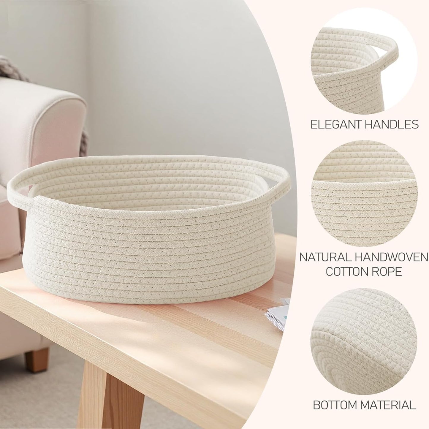 JMvicyroam Woven Basket,Small Rope Storage Bin with Handles & Ribbon Bag, Organizer for Shelves Closets,Gift Basket Empty for Birthday,Books,Dog Toys,White