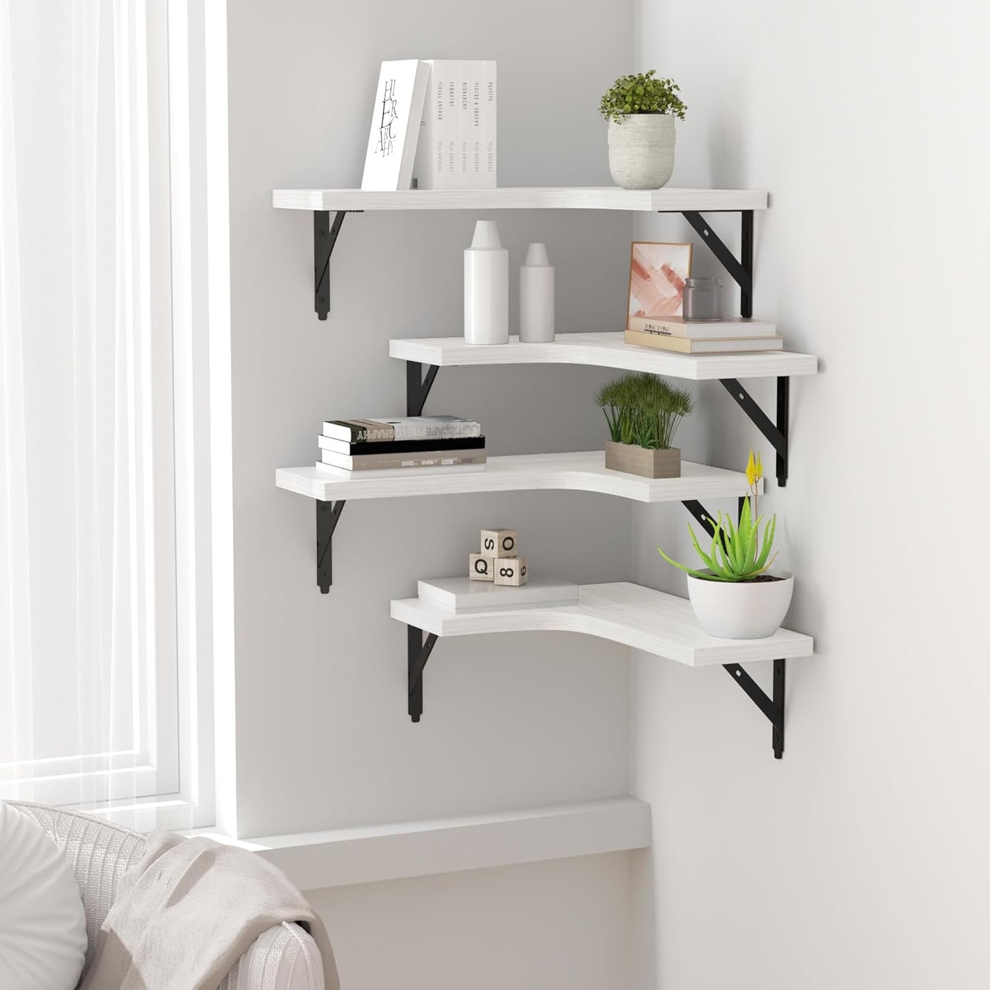 ROMGUAR CRAFT Corner Floating Shelves Wall Mounted Set of 4, Rustic Wood Storage Display Shelves for Home Decor, Bathroom, Kitchen, Bedroom, Living Room, Office (Black)