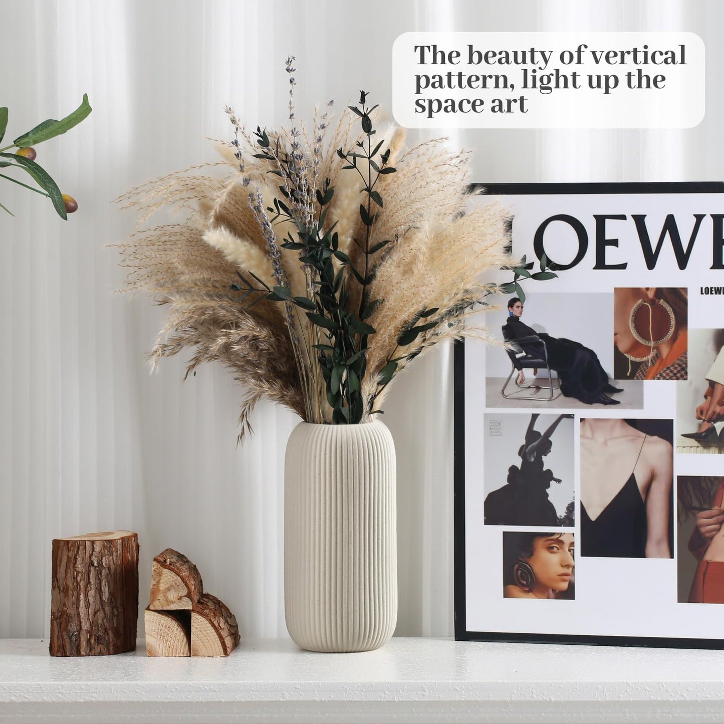 Bohemian White Ceramic Vase - for Pampas Grass, Mantel, Bookshelf, Entryway and Living Room Decor (White, 7in)