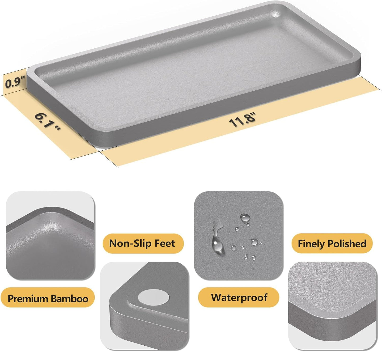 Bathroom Vanity Tray for Countertop - Bamboo Organizer Tray for Dresser Tops, Toilet, Perfume Small Decorative Tray Wood Tray for Home Decoration 11.81” L x 6.1” W x 0.79” H Black