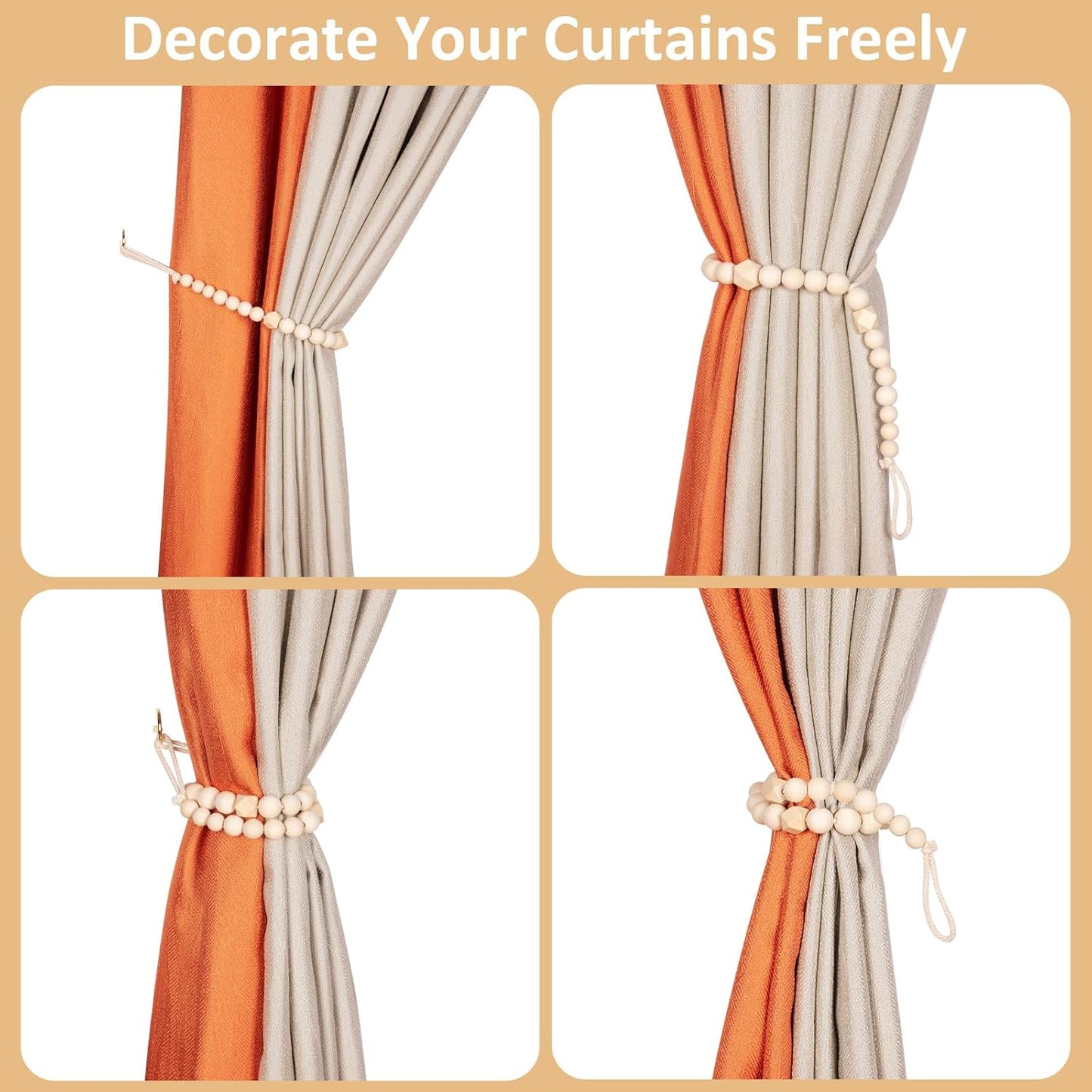Wood Bead Curtain Tiebacks, KLOGTSIND Set of 2 Curtain Holdbacks for Thin or Thick Window Draperies, Boho Farmhouse Curtain Tiebacks with Hooks, Curtain Tie Backs for Home Office Room Decor