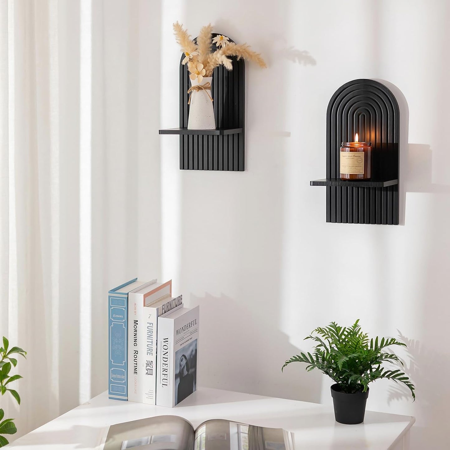 Mid Century Modern Candle Sconces: Set of 2 Walnut Boho Wall Candle Holder Decor for Living Room Fireplace - Arch Candle Shelf for Plants Pillars Candles