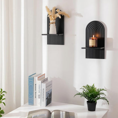 Mid Century Modern Candle Sconces: Set of 2 Walnut Boho Wall Candle Holder Decor for Living Room Fireplace - Arch Candle Shelf for Plants Pillars Candles