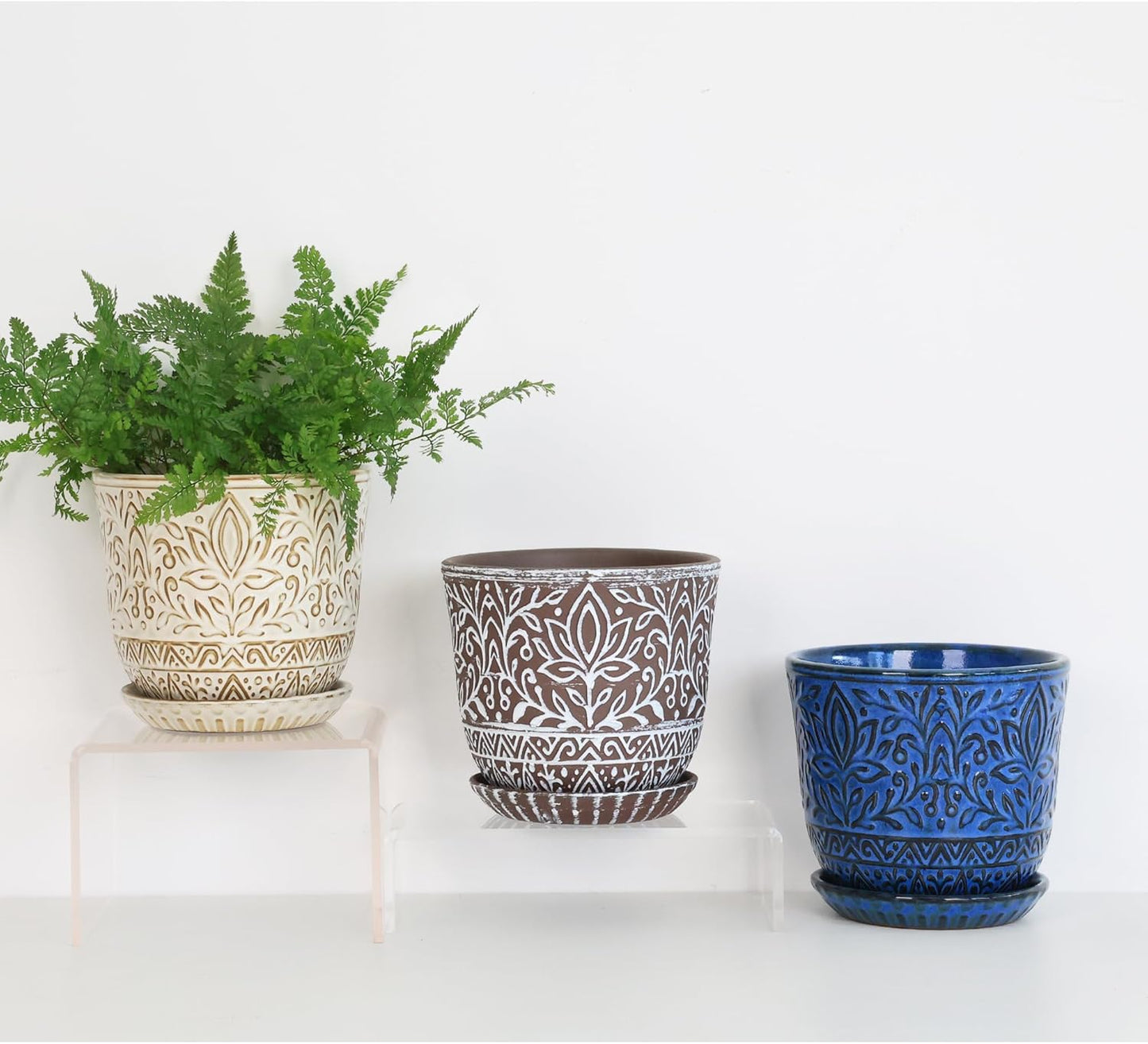 Gepege 6 Inch Beaded Ceramic Planter Set of 2 with Drainage Hole and Saucer for Plants, Indoor-Outdoor Large Round Succulent Orchid Flower Pot (Smoked Gray, Inner-pots not Larger Than 5 Inch)