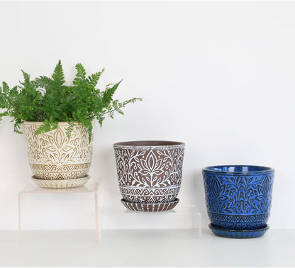 Gepege 6 Inch Beaded Ceramic Planter Set of 2 with Drainage Hole and Saucer for Plants, Indoor-Outdoor Large Round Succulent Orchid Flower Pot (Smoked Gray, Inner-pots not Larger Than 5 Inch)