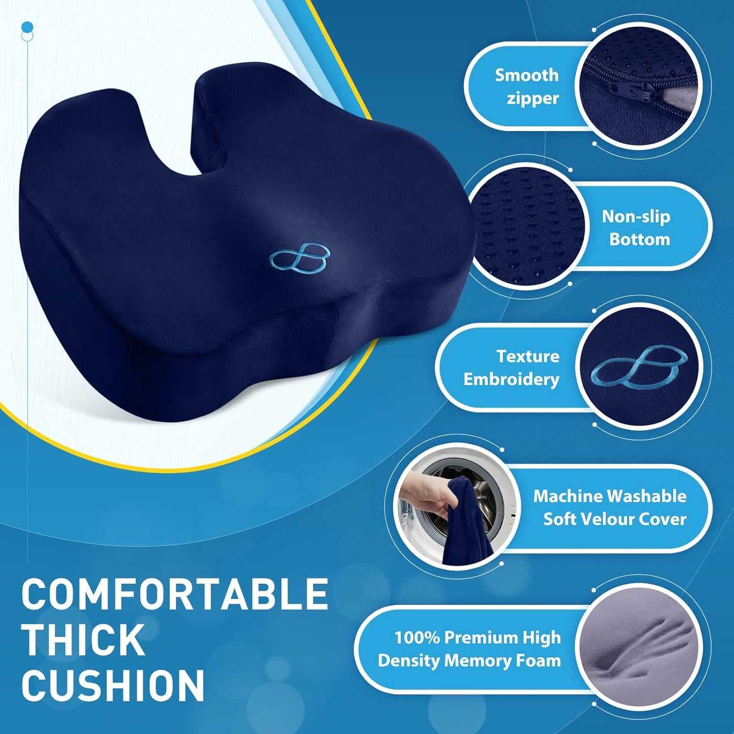 BlissTrends Seat Cushion with Velvet Cover, Thick Memory Foam Cushions for Office Chair, Car Seat, Airplane, Relieving Pressure Tailbone Sciatica Back Pain for Long Sitting, Car Drivers 4.7in Black