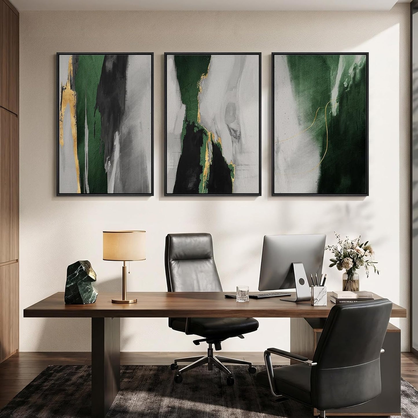 Large Framed Abstract Nature Landscape Wall Art for Living Room, Set of 3 Modern Canvas Prints Paintings Artwork for Walls, Green Lake Pictures for Hallway, Dining Room, Office Wall Decor 24x36 Inch