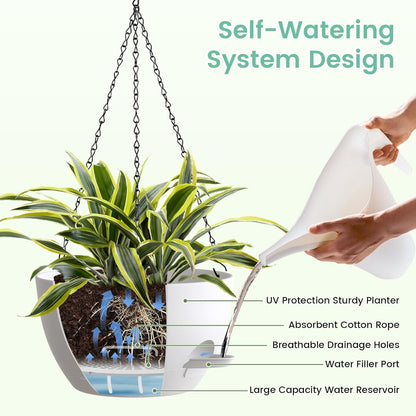 UOUZ Set of 3-10 Inch Self Watering Hanging Planters for Indoor Outdoor，Hanging Plant Pots with Drainage & Removable Tray, Hanging Pots Holder for Ivy, Pothos, Ferns, Balcony & Patio, Black with Brown
