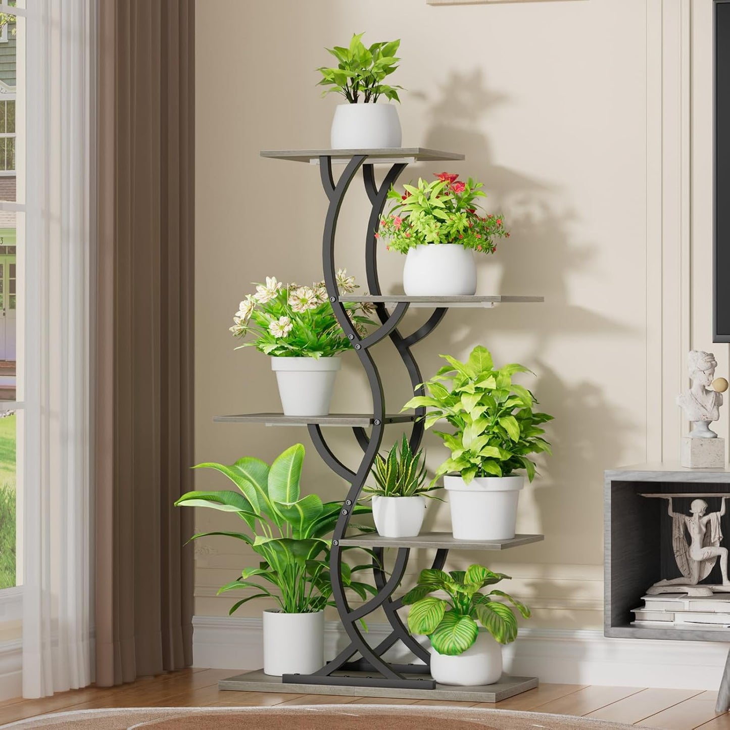 Plant Stand Indoor with Grow Lights - 44" Tall Corner Plant Stands for Indoor Plants, 5 Tiered Metal Plant Shelf, Curved Plant Flower Holder Dispaly Rack for Living Room, Home Patio Balcony (Black)