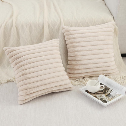 Pallene Faux Fur Plush Throw Pillow Covers 18x18 Set of 2, Luxury Soft Fluffy Striped Decorative Pillow Covers for Sofa, Couch, Living Room, Cream White