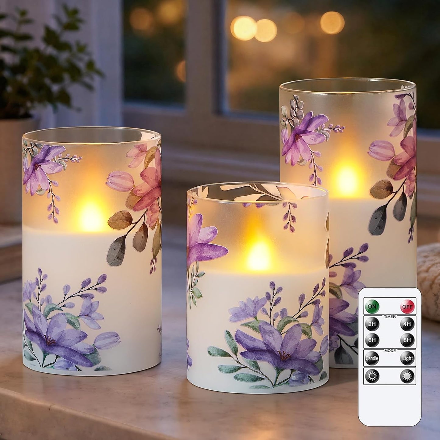 Pack of 3 Flameless Daily Timer Flickering Real Wax Pillar Candles, 3" x 4" 5" 6" LED Battery Operated Purple Flowers Glass Warm Light with Remote Control