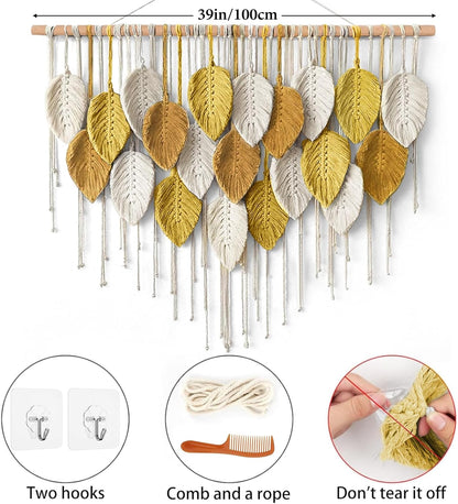 KHOYIME Large Macrame Wall Hanging Boho Woven Tapestry, Chic Home Decor Modern Bohemian Handmade Leaf Feather Wall Art Decorations for Apartment Dorm Living Room Bedroom Nursery Backdrop 39"W X 29.5"L
