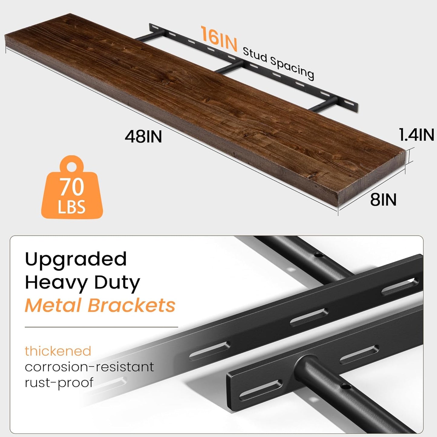 Floating Shelves 36 Inches Long - 8 Inch Deep Rustic Premium Solid Pine Wood for Storage - Farmhouse Wall Mounted for Living Room - Heavy-Duty Metal Bracket - 36" W x 8" D - Set of 2 - White Color
