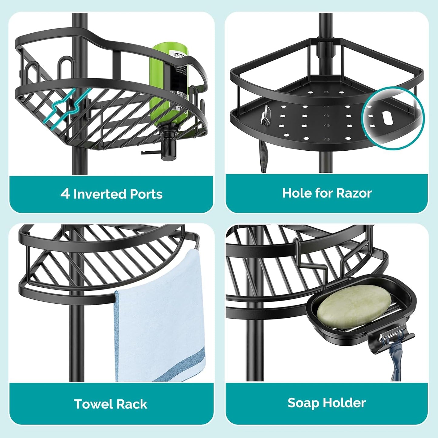 HAMITOR Corner Shower Caddy Tension Pole: Rustproof 4-Tier Bathroom Organizer Shelves for Bathtub Shampoo Storage - 47-121 Inch Quick Install Adjustable Rod Standing Rack with Soap Rack - Silver Gray