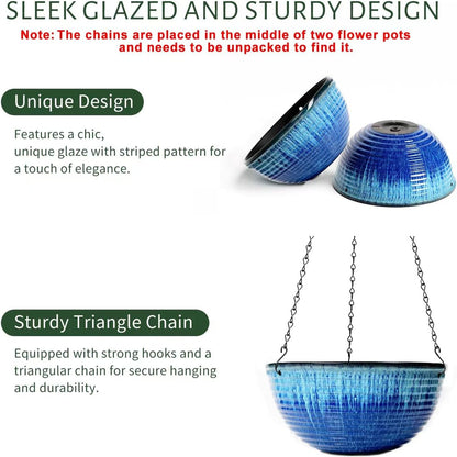 Vanslogreen 2 Pack Hanging Planters for Indoor Outdoor Plants, 10 Inch Hanging Planter with Drainage Hole & Plug Glazed Hanging Baskets Flower Pots for Garden Home (Blue)