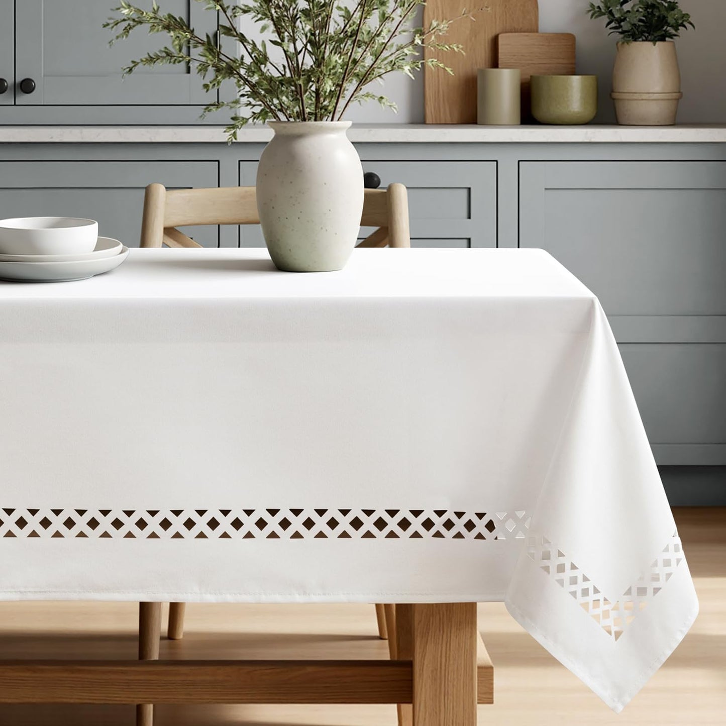 MIULEE Beige Rectangle Linen Polyester Tablecloth with Decorative Cutouts Spring Waterproof Stain Resistant & Shrink-Proof Table Cloth 52x70 inch Farmhouse Style for Dining Wedding and Outdoor