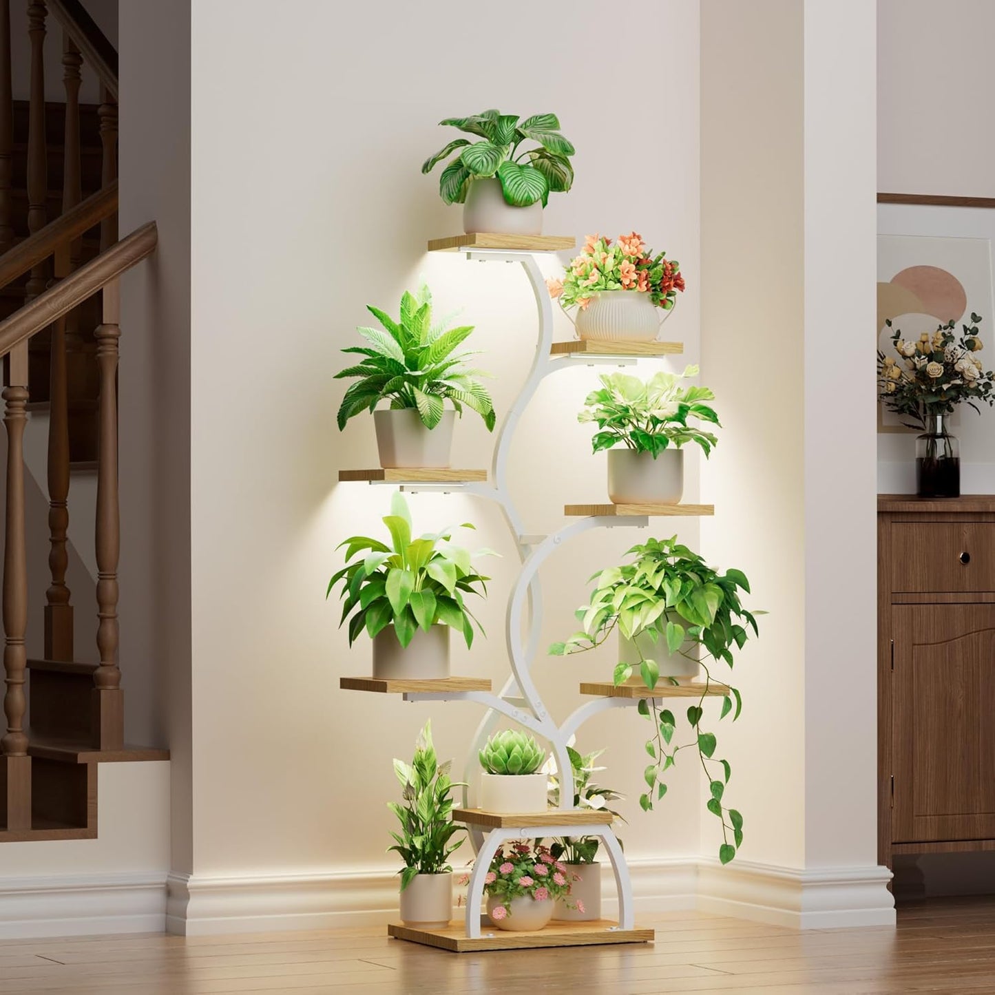 EVAWOO Plant Stand Indoor with Grow Light - 8 Tiered Plant Shelf Indoor, Corner Plant Stand, 49" Tall Plant Shelf with Lights for Indoor Growing, Lighted Flower Holder for Living Room, Balcony, Black
