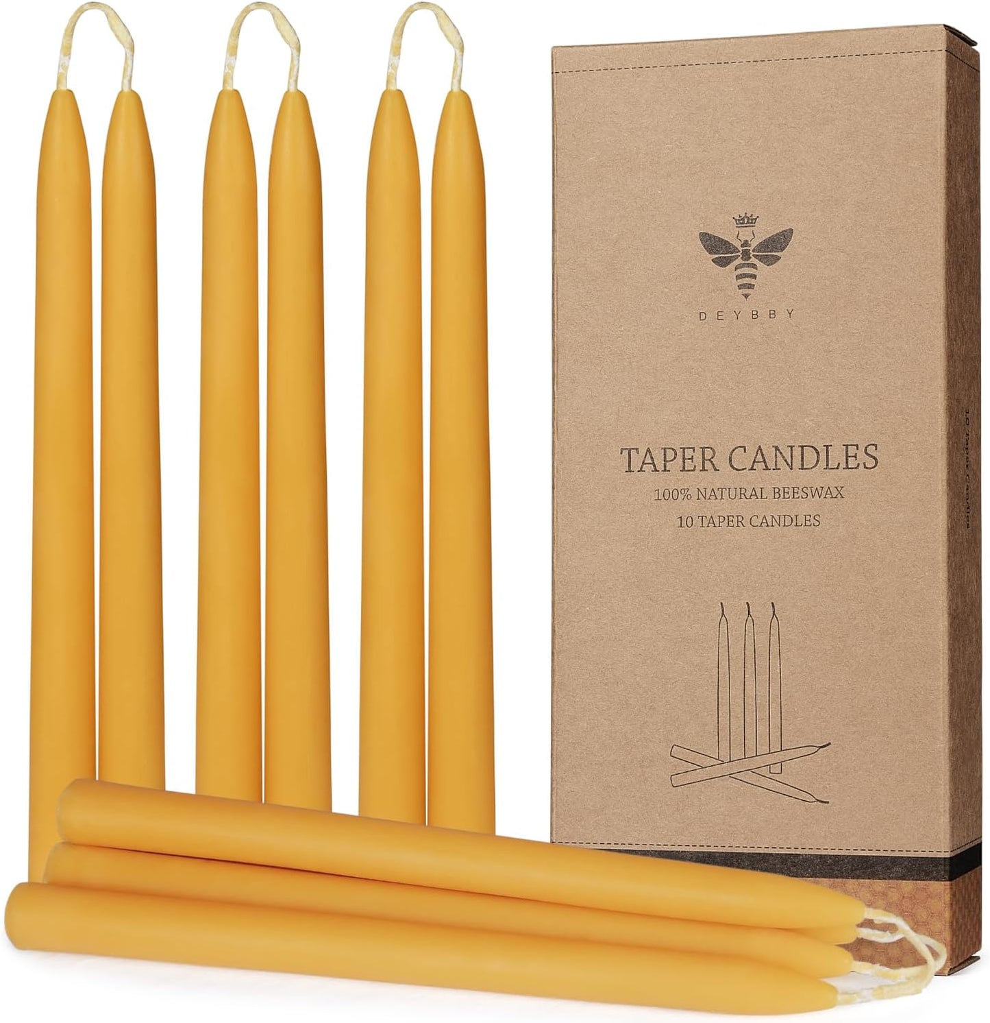 Natural Beeswax Taper Candles, DEYBBY Smokeless and Dripless Beeswax Candles, Long Lasting Burning, Nontoxic, 8 inch, 6 Pack
