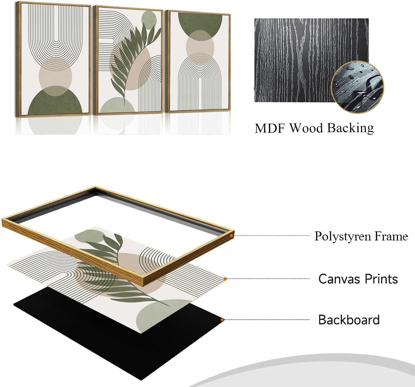 Bwodke Boho Wall Art, Framed Abstract Wall Art, Green Botanical Neutral Canvas Wall Decor, Large Mid Century Plant Pictures Set of 3, Modern Minimalist Paintings, for Bedroom Living Room Bathroom