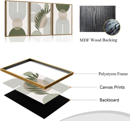 Bwodke Boho Wall Art, Framed Abstract Wall Art, Green Botanical Neutral Canvas Wall Decor, Large Mid Century Plant Pictures Set of 3, Modern Minimalist Paintings, for Bedroom Living Room Bathroom