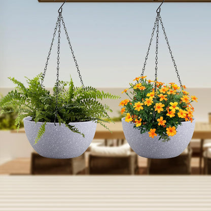 Meowell 10 inch Hanging Planters for Indoor Outdoor Plants, 2 Pack Hanging Flower Pots with Drainage Holes and Chain for Garden Porch, Plastic Hanging Baskets for House Plants, Speckled Grey