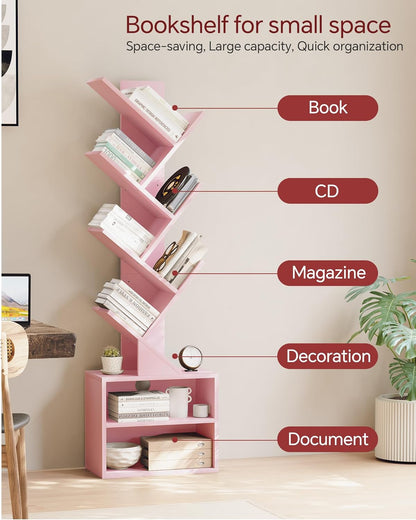 SUNMORY 6 Tier Tree Bookshelf, Small Bookcase with Storage Cabinet, Modern Tall Narrow Bookshelves Organizer, Floor Standing Book Shelf for Bedroom/Living Room/Home Office/Corner, Rustic Brown