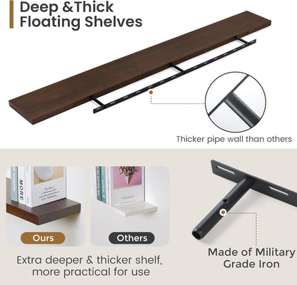 Floating Shelves 36 Inches Long - 8 Inch Deep Rustic Premium Solid Pine Wood for Storage - Farmhouse Wall Mounted for Living Room - Heavy-Duty Metal Bracket - 36" W x 8" D - Set of 2 - White Color