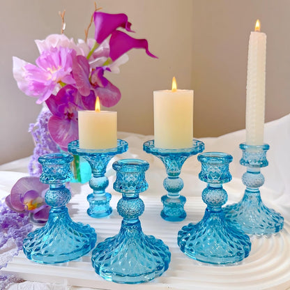 Glass Candlestick Holder,Striped Taper Candle Holders,Set of 6 Candle Stand for Table Centerpieces, Home Decor,Weddings,Festival and Parties (Clear Stripe Pattern)