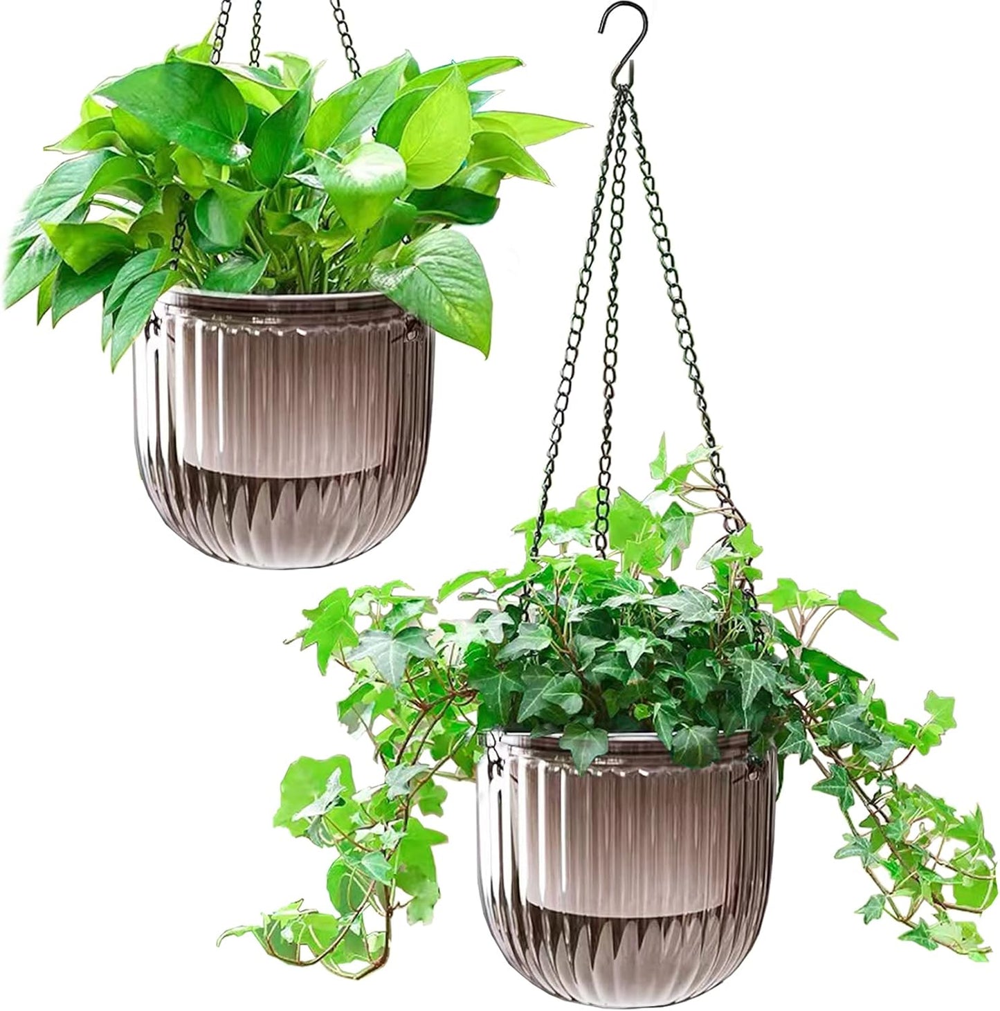 Melphoe 2 Pack Self Watering Hanging Planters Indoor Flower Pots, 6.5 Inch Outdoor Hanging Basket, Plant Hanger with 3Hooks Drainage Holes for Garden Home (Emerald)
