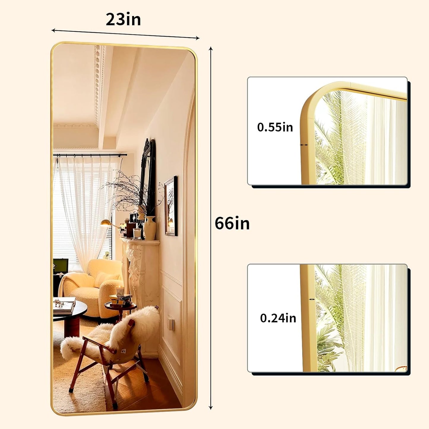XRAMFY 56"x21" Floor Full Length Mirror Standing Full Body Rounded Corner Rectangle Mirrors with Stand Hanging Wall Mounted Leaning Bedroom Living Room Bedroom Cloakroom,Gold