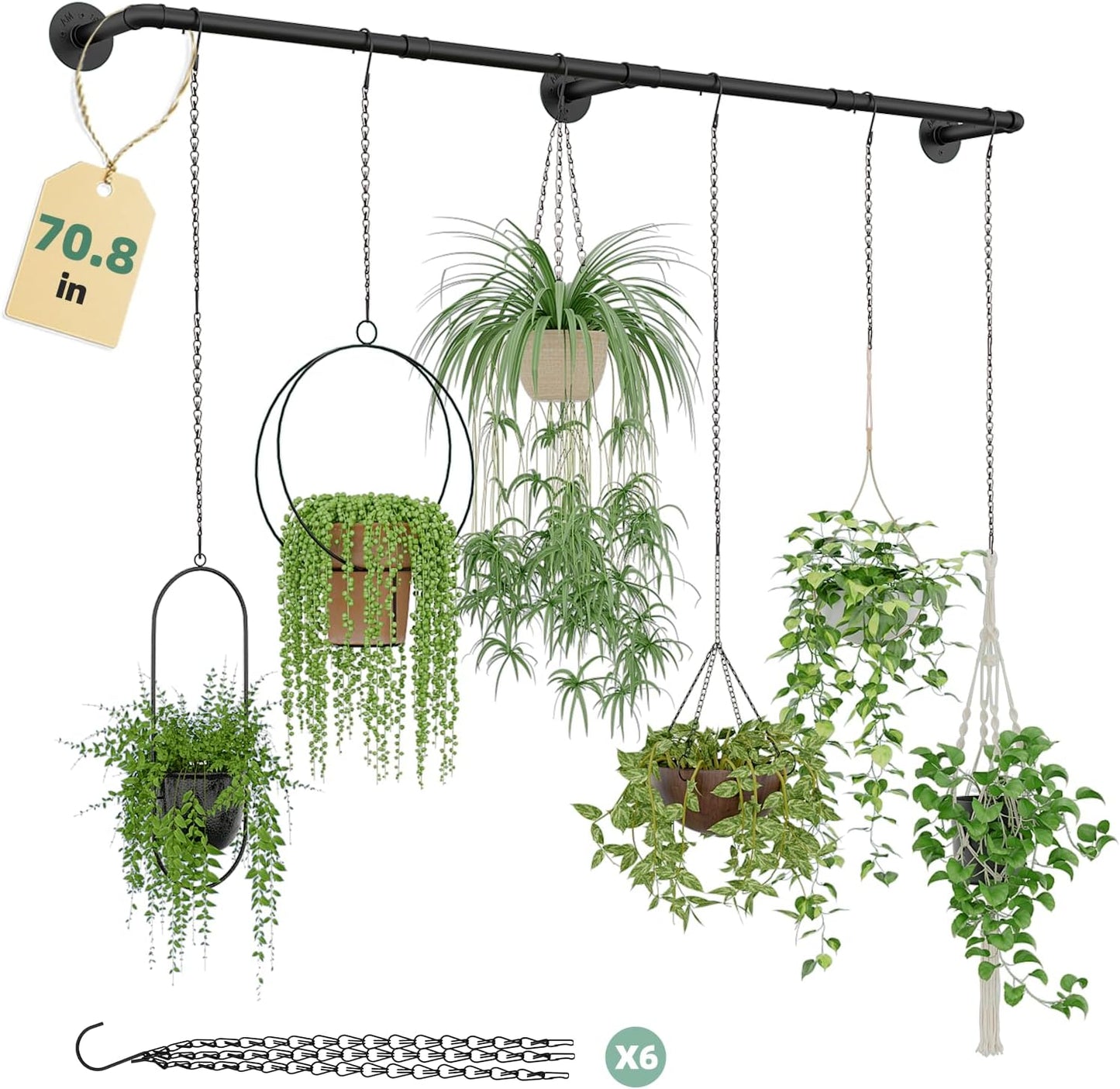 Galood Plant Hanger Indoor with 6 Hanging Chains Hanging Planters for Indoor Plants Hanging Plant Holder Window Plants Rod Black Metal Shelves(70.8 Inch Pot not Included