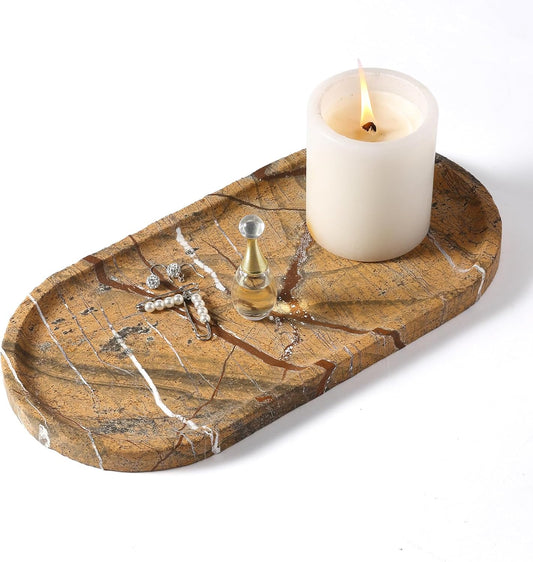 Koville Italian Travertine Tray, 12"x6" Vanity Decorative Marble Tray for Countertop, Catchall Tray for Perfume, Candles, Jewelry Dish Tray
