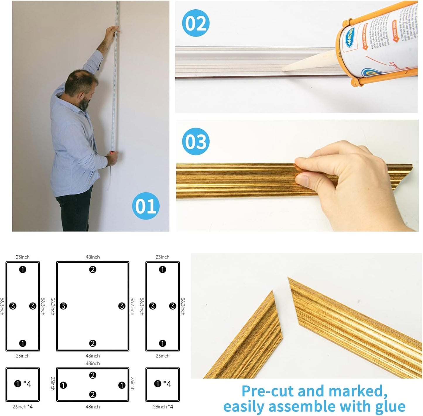 Art3d Pre-Cut Wall Molding Set of 6 pcs, Ready-to-Assemble Wainscoting Panels for Interior Wall Décor Living Room Bedroom Accent Wall - Installed with Glue, 3 Top 3 Bottom