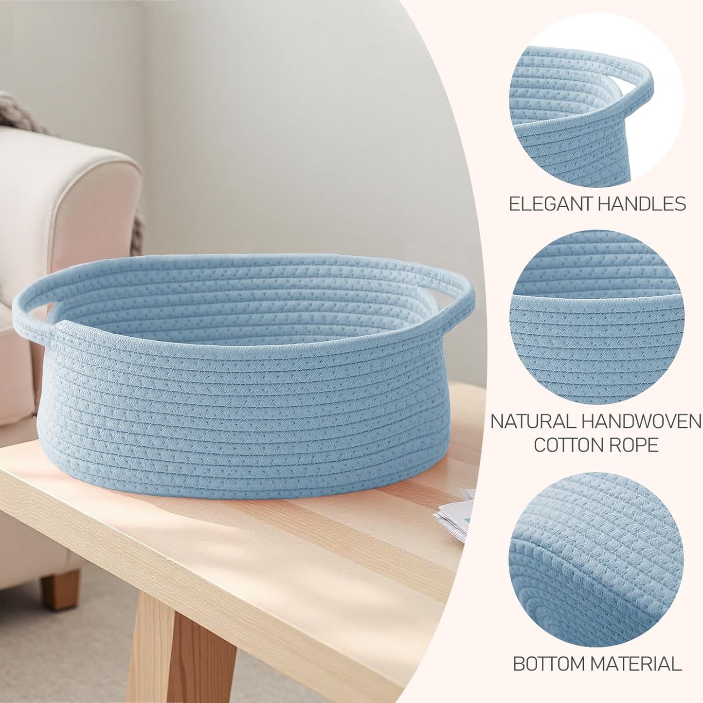 JMvicyroam Woven Basket,Small Rope Storage Bin with Handles & Ribbon Bag, Organizer for Shelves Closets,Gift Basket Empty for Birthday,Books,Dog Toys,White