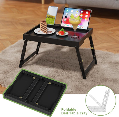 Bed Tray Table with Handles Folding Legs,Bamboo Breakfast Food Tray with Media Slot,Use As Platter,Laptop Desk,Snack,TV Tray Kitchen Serving Tray Black Large