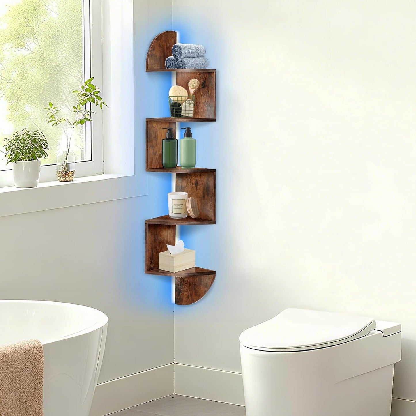Corner Shelf Wall Mounted, 5 Tier Corner Bookshelf with Light, Corner Floating Shelves Display Shelf Stand for Bedroom, Bathroom, Living Room, Kitchen, Home, Office (Black)