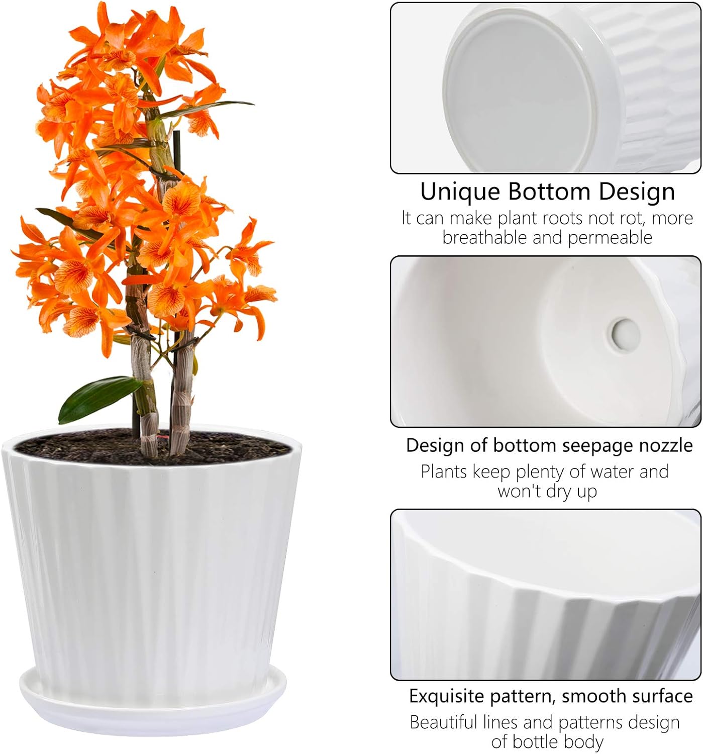 sietpoek Plant Pots - 5.5 Inch Cylinder Ceramic Planters with Connected Saucer, Pots for Succuelnt and Little Snake Plants, Set of 4, White