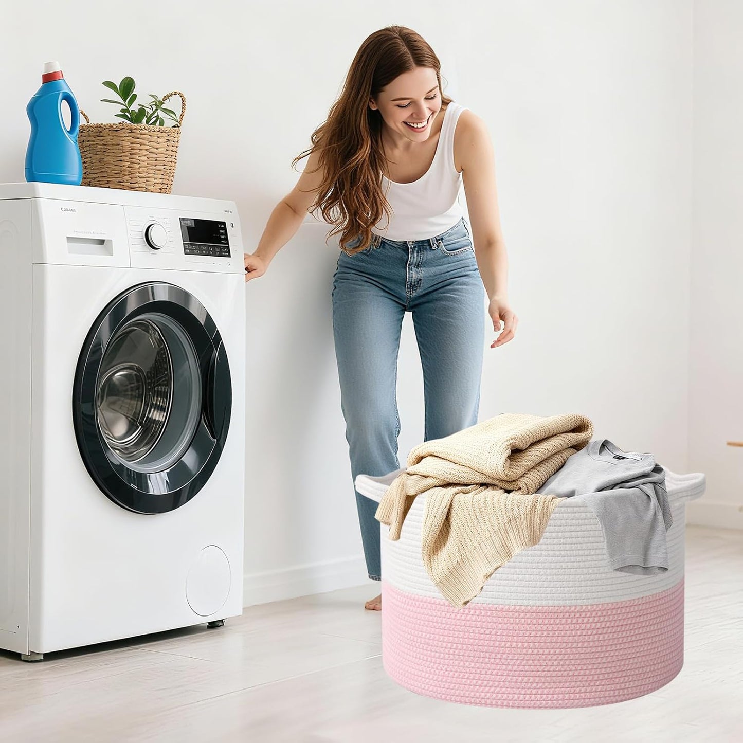Large Woven Blanket Basket,65L Cotton Rope Laundry Basket Hamper with Handles, Decorative Nursery Basket Storage Bin for Toys, Clothes Organizer, Living Room, Bedroom, Bathroom, White & Brown