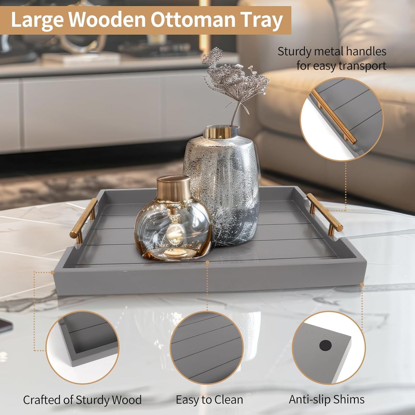 SXNOWS Coffee Table Trays - Large Ottoman Tray for Living Room -Wood Serving Tray with 2 Sets of Handles - Wooden Tray for Coffee Table, 4 Round Coasters Included, Black