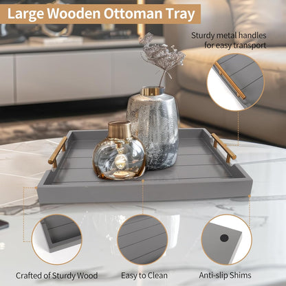 SXNOWS Coffee Table Trays - Large Ottoman Tray for Living Room -Wood Serving Tray with 2 Sets of Handles - Wooden Tray for Coffee Table, 4 Round Coasters Included, Black