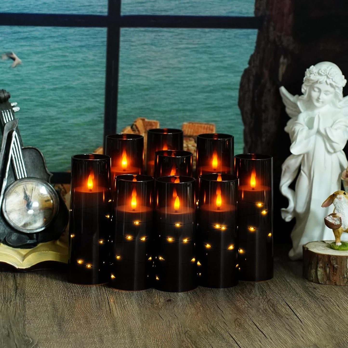 Nimiko Flickering Flameless LED Candles, 9 Pcs with Embedded Star String, Acrylic LED Pillar Candles with Remote, Suitable for Home Decoration (White)