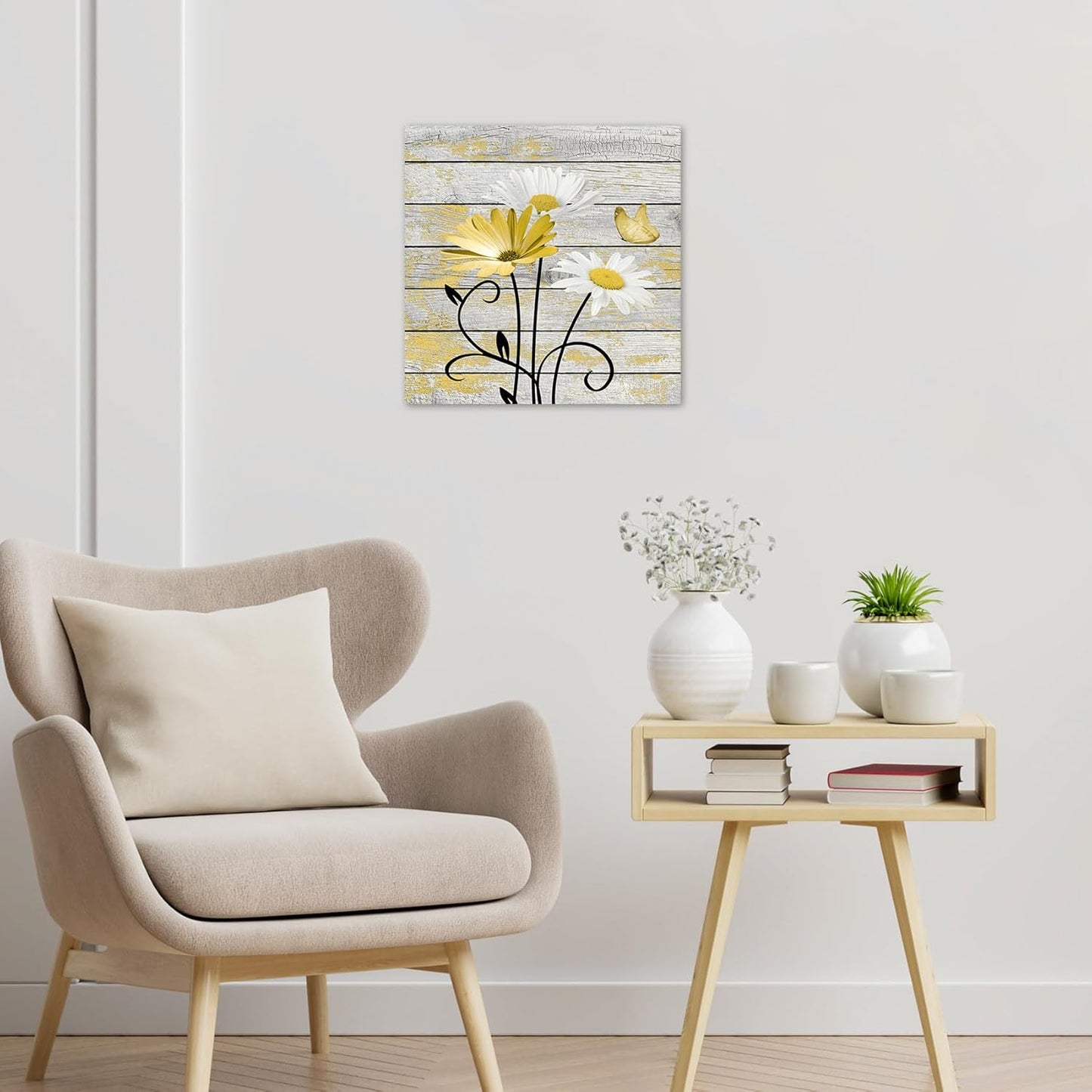 HVEST Farmhouse Floral Wall Art for Living Room, Blue and White Daisy Flower and Butterfly on Rustic Wood Board Canvas Wall Art Framed Artwork Ready to Hang for Bathroom Bedroom Decor, 16L X 12W