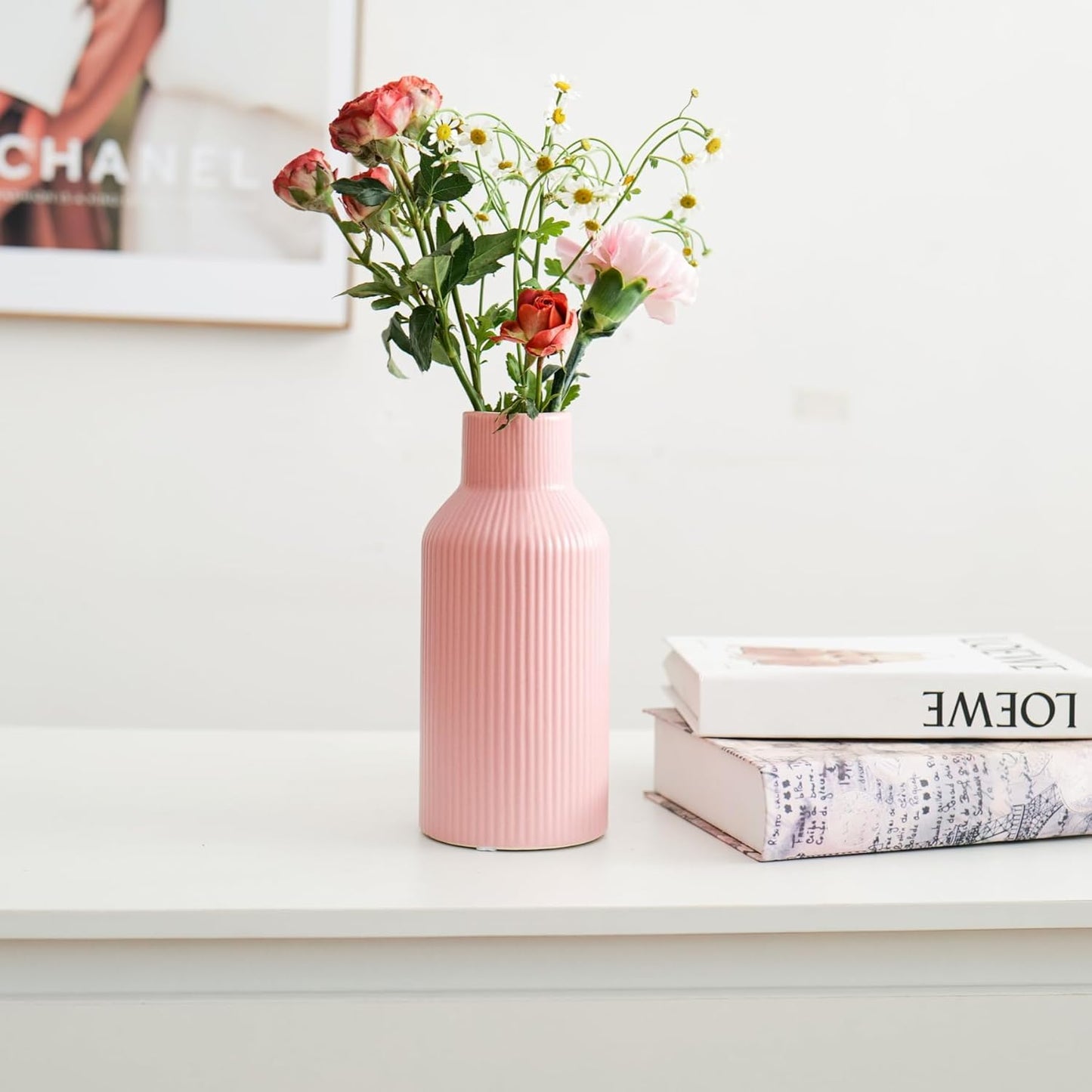 Bohemian White Ceramic Vase - for Pampas Grass, Mantel, Bookshelf, Entryway and Living Room Decor (White, 7in)